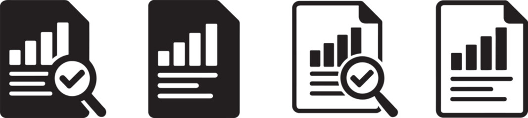 Minimal analytics data audit icon showing charts, graphs and stats in clean silhouette style.