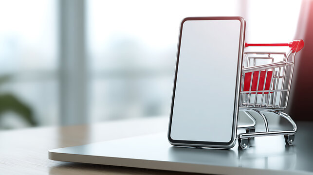 Mobile Shopping: A smartphone display stands alongside a miniature shopping cart, embodying the convenience and accessibility of modern online retail platforms. - Powered by Adobe