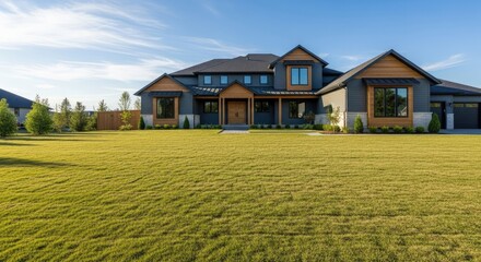 A large, modern, two-story house with a green roof and wooden accents, surrounded by a well-maintained lawn and a wooden fence.