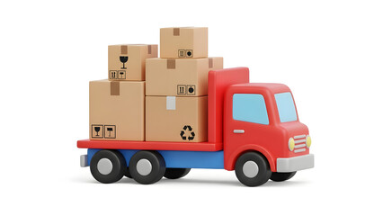 Obraz premium Red delivery truck with cardboard boxes on blue flatbed, ideal for transportation or logistics concepts. Suitable for websites or promotional materials.