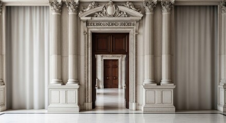 Obraz premium A grand, classical architectural entrance with ornate columns and draped curtains.