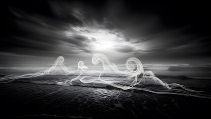 A dramatic black and white surreal landscape featuring ethereal ghostly figures rising from a dark ocean under a stormy sky.