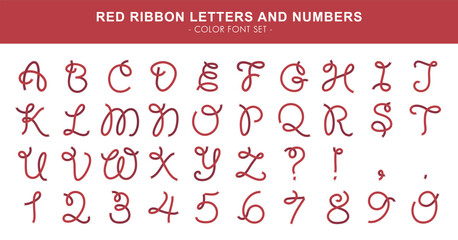 Red ribbon letters and numbers - color font set