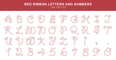 Red ribbon letters and numbers - line font set