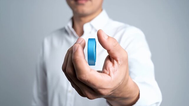 Man Holding Blue Infinity Symbol Wearing White Shirt On Grey Background