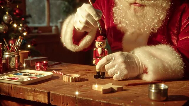 Santa Claus painting a nutcracker in his workshop with Christmas tree in background.
