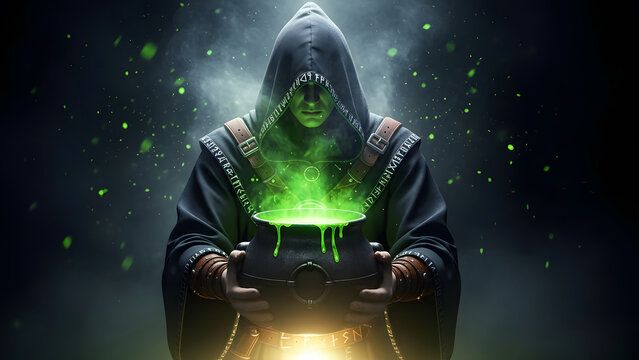A mysterious hooded figure conjures a vibrant green potion in a dark, magical setting.