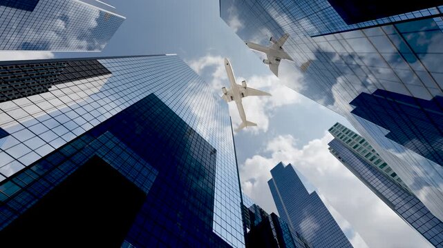 Airplane Flying Over High-Rise Buildings in a Modern City Skyline