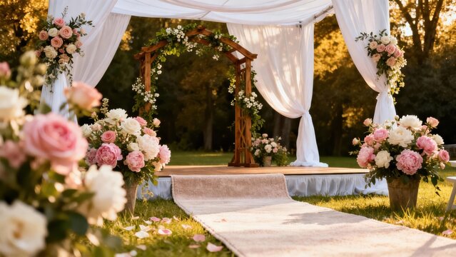 Elegant outdoor wedding ceremony setup featuring a rustic wooden trellis arch adorned with lush pink and white peony and rose bouquets.