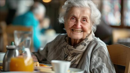 Joyful senior lady with white hair smiling at camera during morning meal.