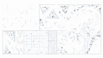 Abstract Architectural Plan Illustration with Landscape Design and Grid Lines