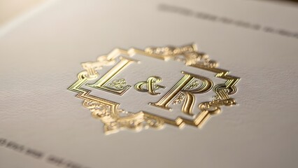 Close-up of elegant gold embossed L & R monogram on a wedding invitation card.