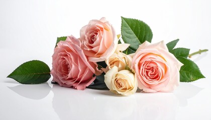 Elegant Pink and Cream Roses with Green Leaves on White Background