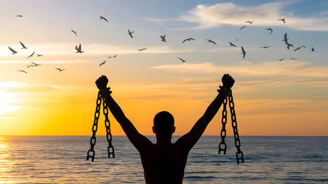 Silhouette of a man with broken chains in sunset with flying birds. Freedom, release new life concepts.