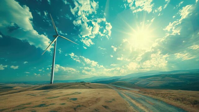 Wind turbine in sunny field with blue skies and sun rays