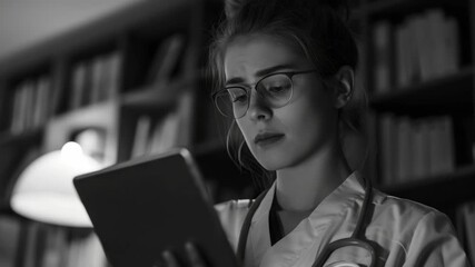 A young woman wearing glasses and a white uniform, focused on reading a book in a library or study room. - Powered by Adobe