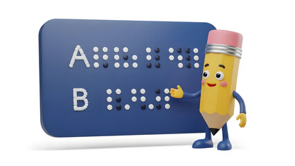 Braille sign with cartoon pencil. Suitable for educational content, inclusion, accessibility, graphic design, printing, tactile learning materials.