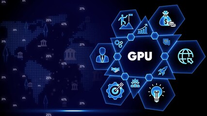 GPU graphics processing unit concept with icons and digital world map background image photo - Powered by Adobe