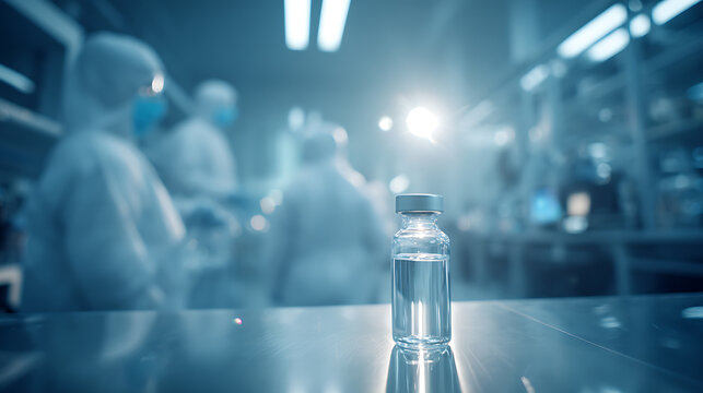 A vial of liquid in a sterile laboratory setting. Scientists in protective gear work in the background, highlighting innovation and health advancements. Future is here.