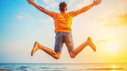 Joyful man leaping at sunset beach action photography relaxing environment dynamic viewpoint freedom concept