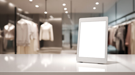 White tablet sits on a counter, its screen blank. In the soft-focus background, clothes hang on racks in a brightly lit store. Display your message with elegance.