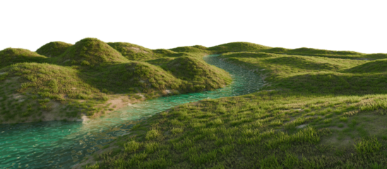 Serene river flowing through a lush green landscape. 3D render.	
