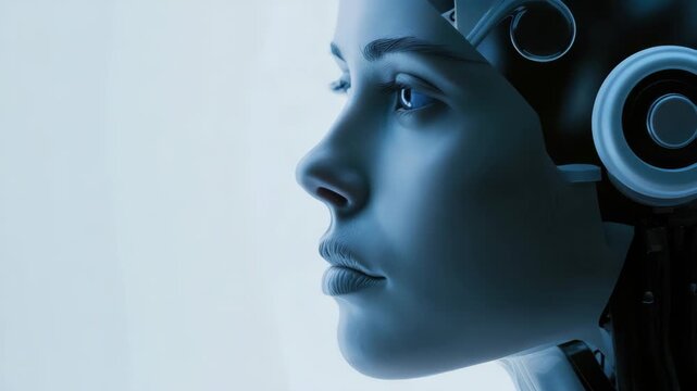 Profile of woman with cybernetic enhancements against blue background