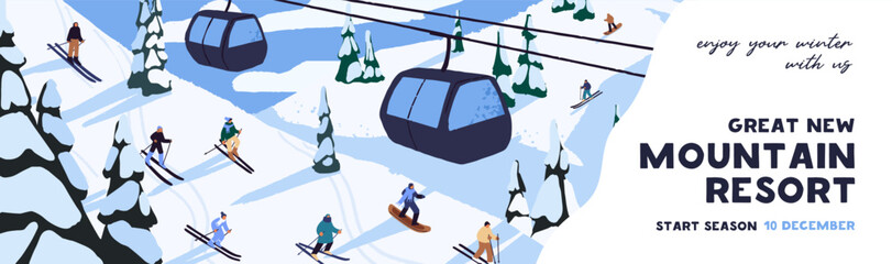 Advertising banner of ski resort season. Snow slope with skiers, people on snowboards and cableway. Ropeway, cable way on downhill. Extreme sport in mountain in winter. Flat vector illustration.