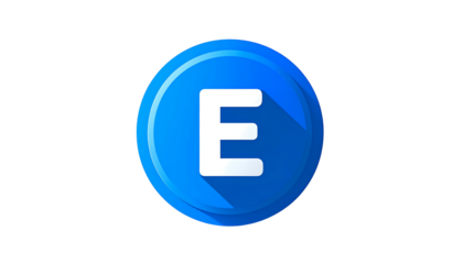 A vibrant, glossy blue circle with a long shadow that contains a stark white uppercase letter "E" centered. The background is solid black