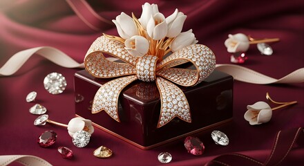 Elegant gift box with jewel bow surrounded by diamonds and white flowers against maroon cloth backdrop