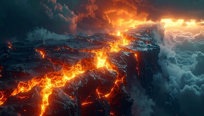 Abstract earthquake and climate pressure concept, tectonic-like cracks glowing beneath stormy textures, layered depth, dark earth tones with electric highlights, futuristic scientific visualization