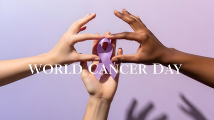 Multiple hands with varying skin tones unite to gently hold a vibrant purple awareness ribbon, representing universal solidarity and hope for cancer fighters and survivors worldwide, fostering