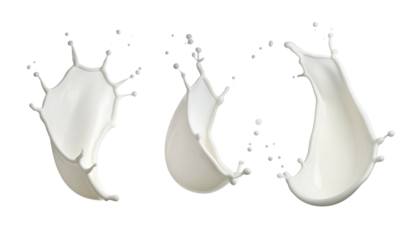 Three isolated, dynamic milk splashes erupting from invisible sources, capturing the liquid's fluid movement against a solid black background