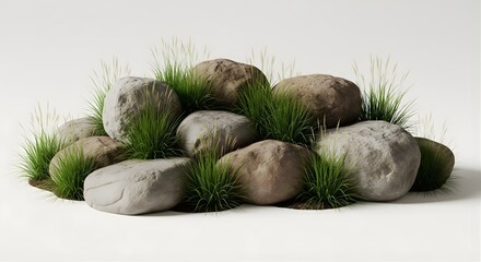 Pile of natural stones and grass arrangement landscaping elements in outdoor environment