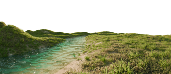 Serene river flowing through a lush green landscape. 3D render.	
