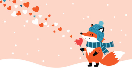 Fototapeta premium Cute fox in a winter hat and scarf holding a heart-shaped lollipop while heart-shaped snowflakes fall on a pink background.