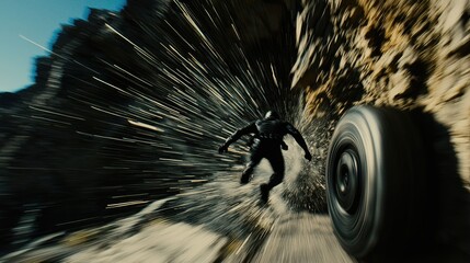 Pursuing adventure a thrilling chase against a rolling tire in rocky terrain