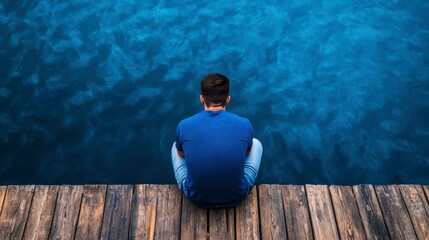 Young man sitting on dock by tranquil blue water reflecting calm sky