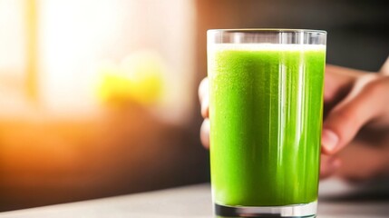 Refreshing Green Juice in Glass with Hand Holding, Healthy Lifestyle Choice