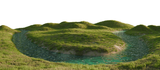 Serene river flowing through a lush green landscape. 3D render.	
