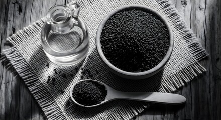 Black cumin seeds nigella sativa in bowl with oil on linen cloth and wooden background
