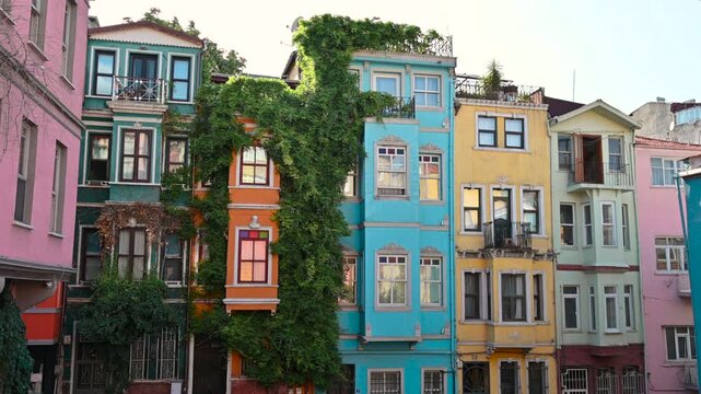 Istanbul,Turkey,August 1,2025.Still footage of the colorful facades of the historic Balat neighborhood.Iconic in their vibrant colors, with climbing plants blowing in the wind. A beautiful summer day.