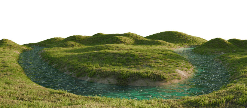 Serene river flowing through a lush green landscape. 3D render.	
