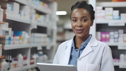 Cheerful woman in white lab coat and blue shirt smiling at the camera while working on her laptop in a pharmacy.