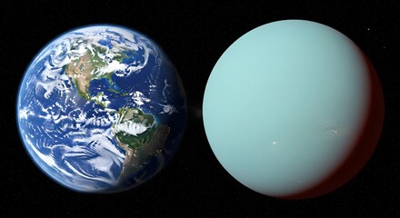 Earth and uranus planets comparison in universe space with stars and solar system concept