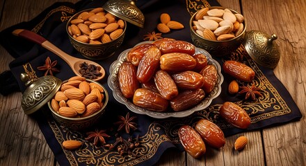 Luxurious arrangement of dates and almonds in ornate bowls on wooden table with star anise