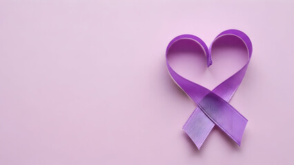 Symbolic purple ribbon elegantly forms a heart shape on a soft pink background representing global health awareness causes and heartfelt support for various important charitable movements