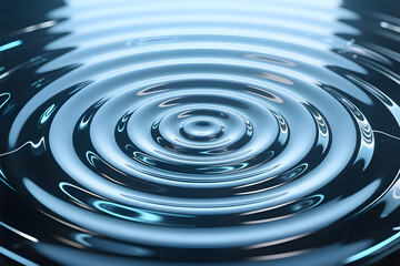A close-up image of a water surface featuring circular ripples spreading symmetrically outwards from a central impact point. The water surface appears metallic and highly reflective.