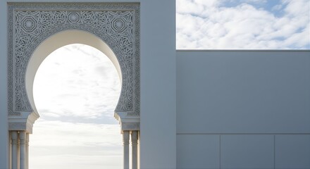 Exterior architectural design of Islamic style arch structure with white walls and cloudy sky