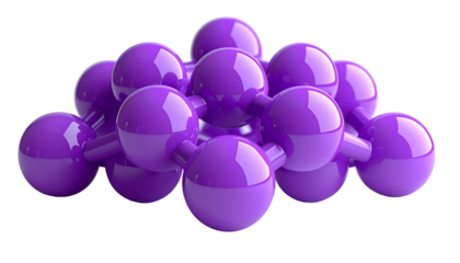 A vibrant, close-up rendering of a molecular structure composed of glossy purple spheres linked by cylindrical bonds, set against black